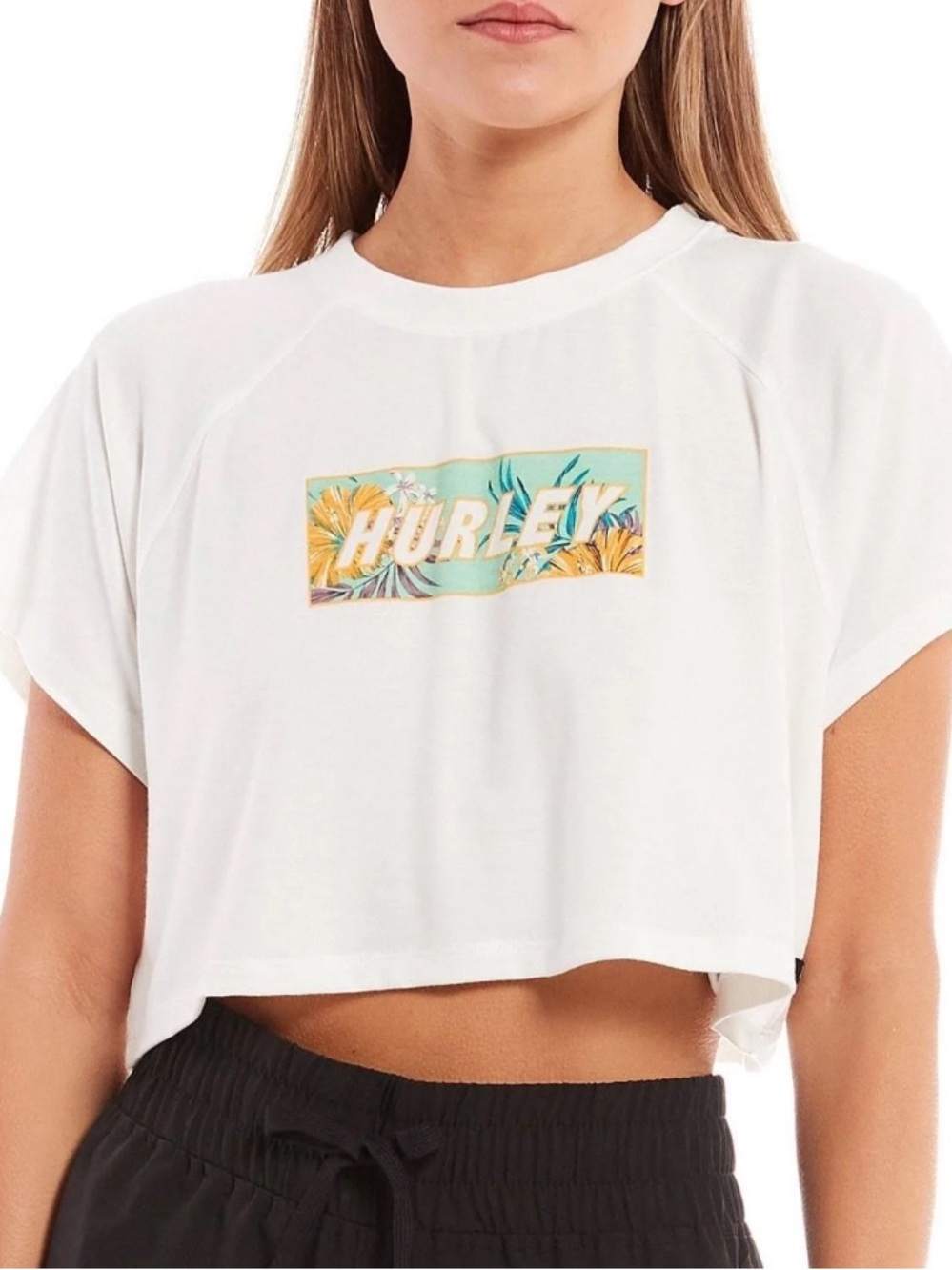 Hurley White Tropical Graphic Relaxed Crop Boxy Tee Size Various